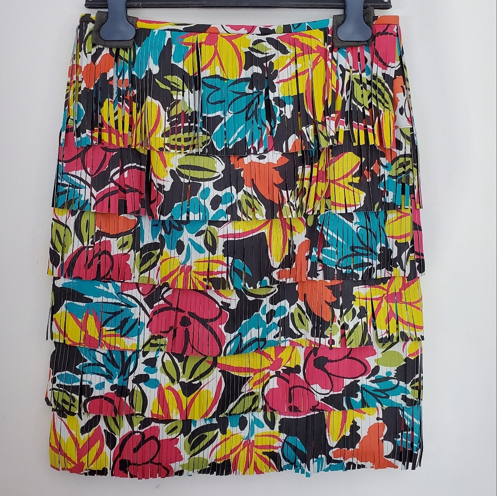 Michael Kors Collection Floral Plonge Leather Fringe Skirt size 4
